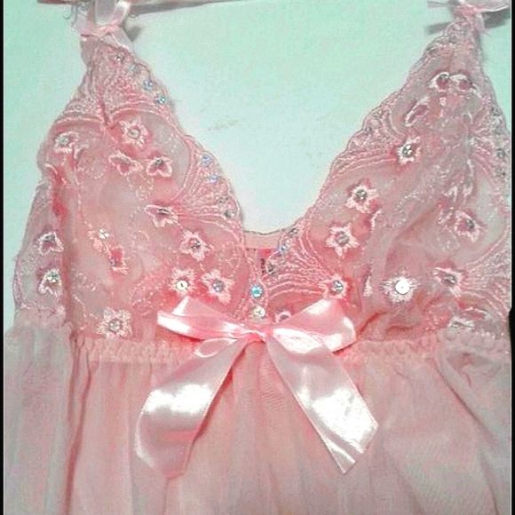 Sexy Two Piece Pink Embroidered & Sheer Babydoll Set - Picture 3 of 9